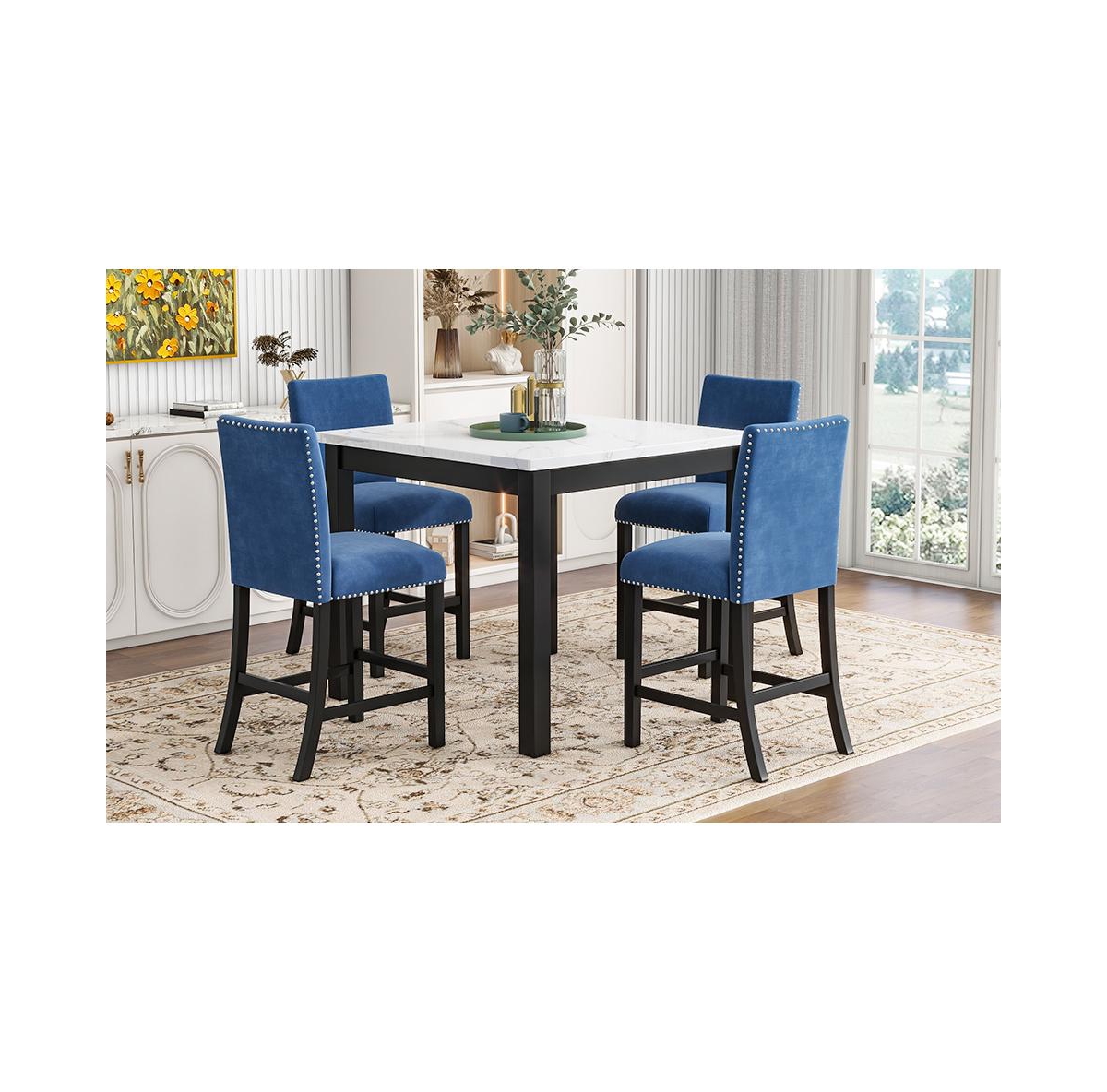 Streamdale Furniture 5-Piece Counter Height Dining Table Set -Velvet Chairs - Blue