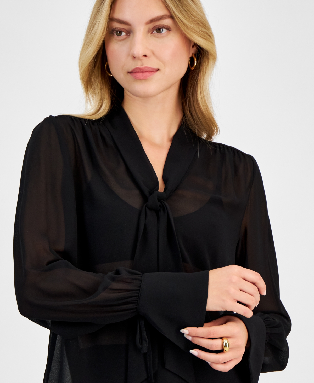 French Connection Women's Sheer Eden Long Sleeve Tie Neck Blouse