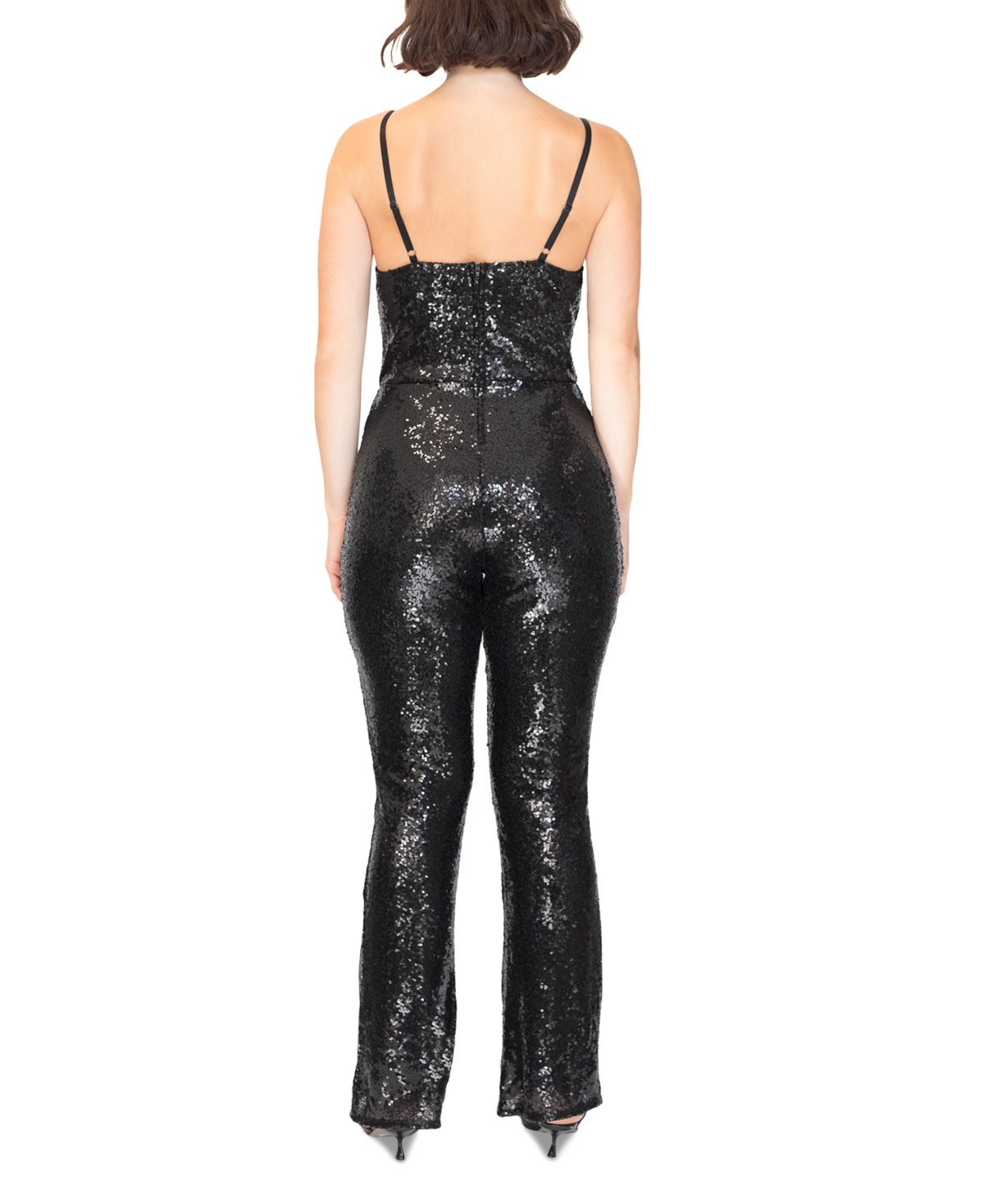 Crave Fame Juniors' Bustier Flare-Leg Sequin Jumpsuit