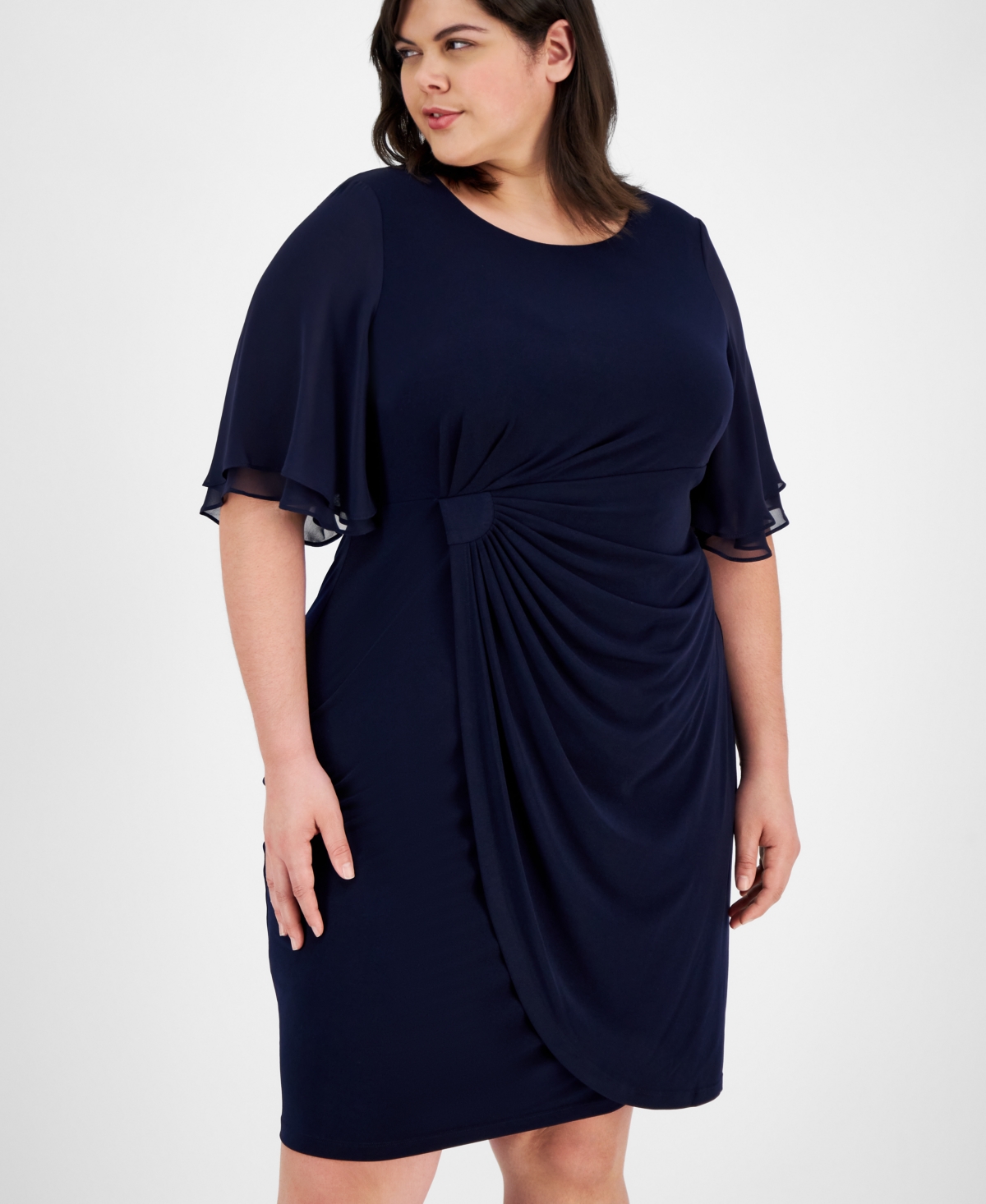 Connected Plus Size Draped Flutter-sleeve Sheath Dress In Navy