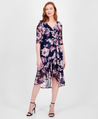 Connected - Women's Floral-Print Ruffled 3/4-Sleeve Dress
