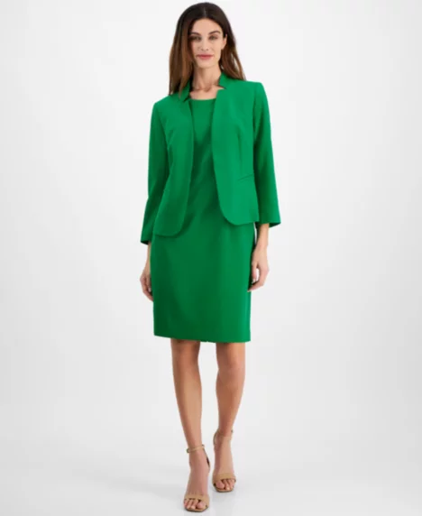 Petite Cutout Kissing Jacket & Sheath Dress Suit Set,  Regular & Petite Sizes - Pepper Green