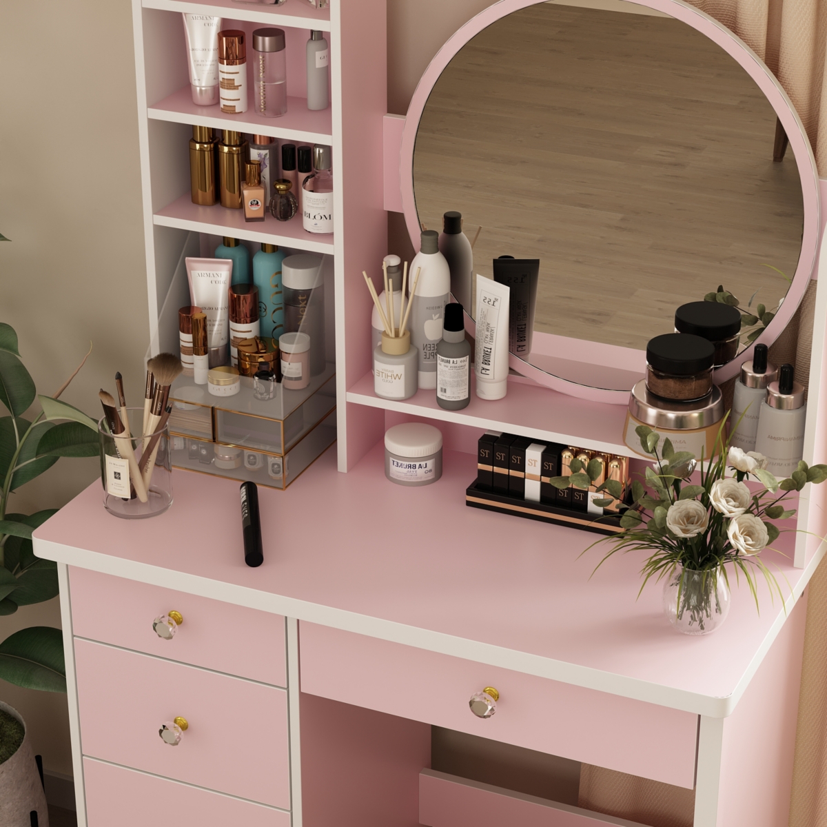 Famapy 5-Drawers Pink Makeup Vanity Dressing Table Set with Stool, Mirror and Storage Shelves Girls Dressing Table