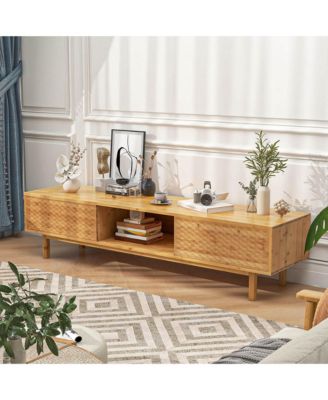 63" Bamboo TV Stand with 3 Storage Cubes Sliding Doors Mid Century Storage Cabinet