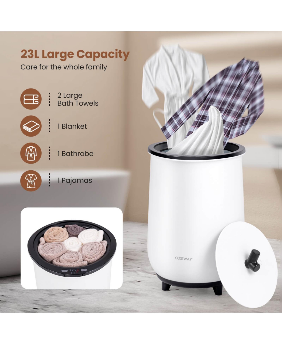 Costway 23L Bathroom Towel Warmer Bucket 4 Timer with Fragrance Holder & 3-Level Heating