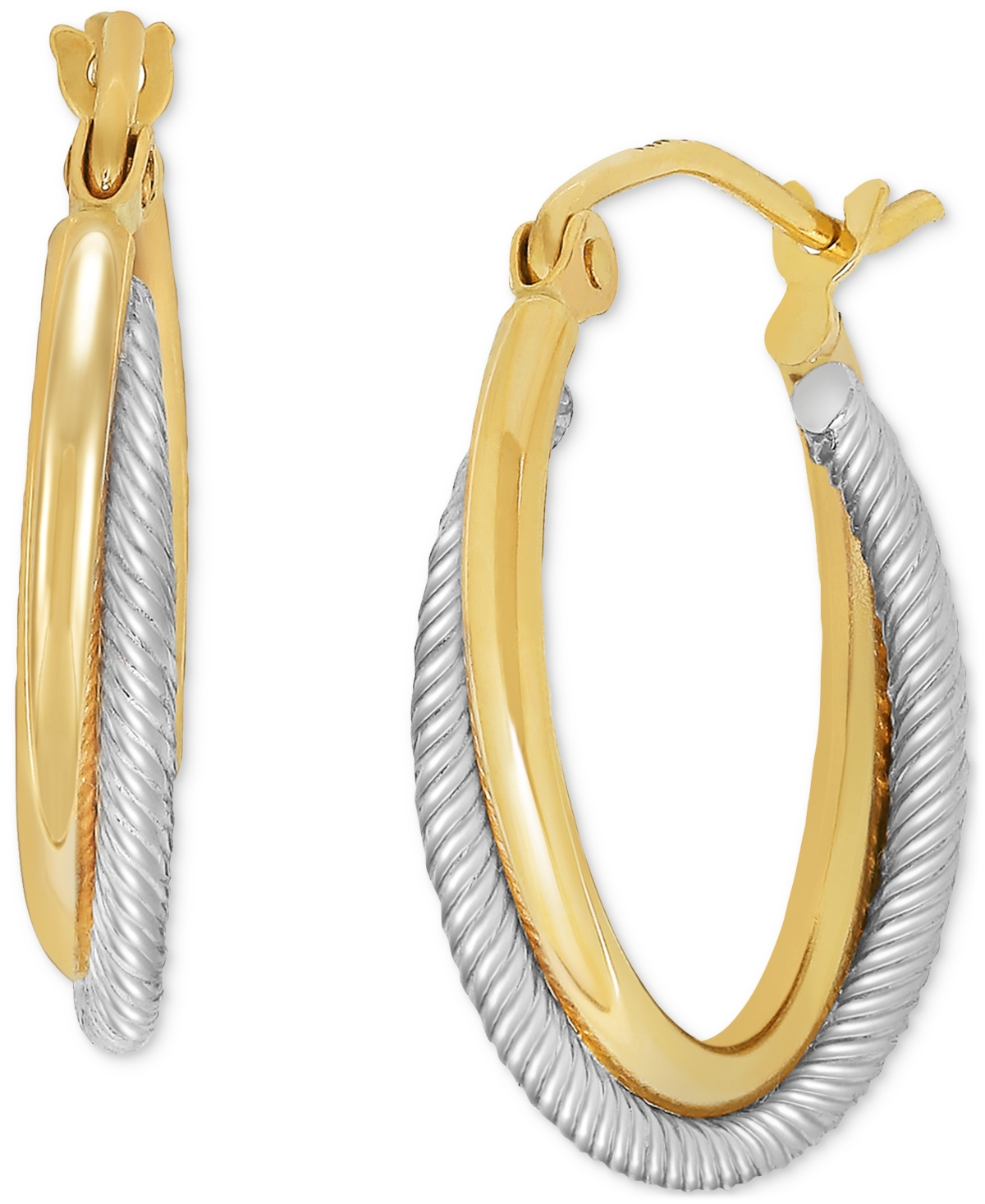 Macy's Small Polished Crossover Tube Hoop Earrings In 10k Yellow And White Gold, 0.7" In Two-tone