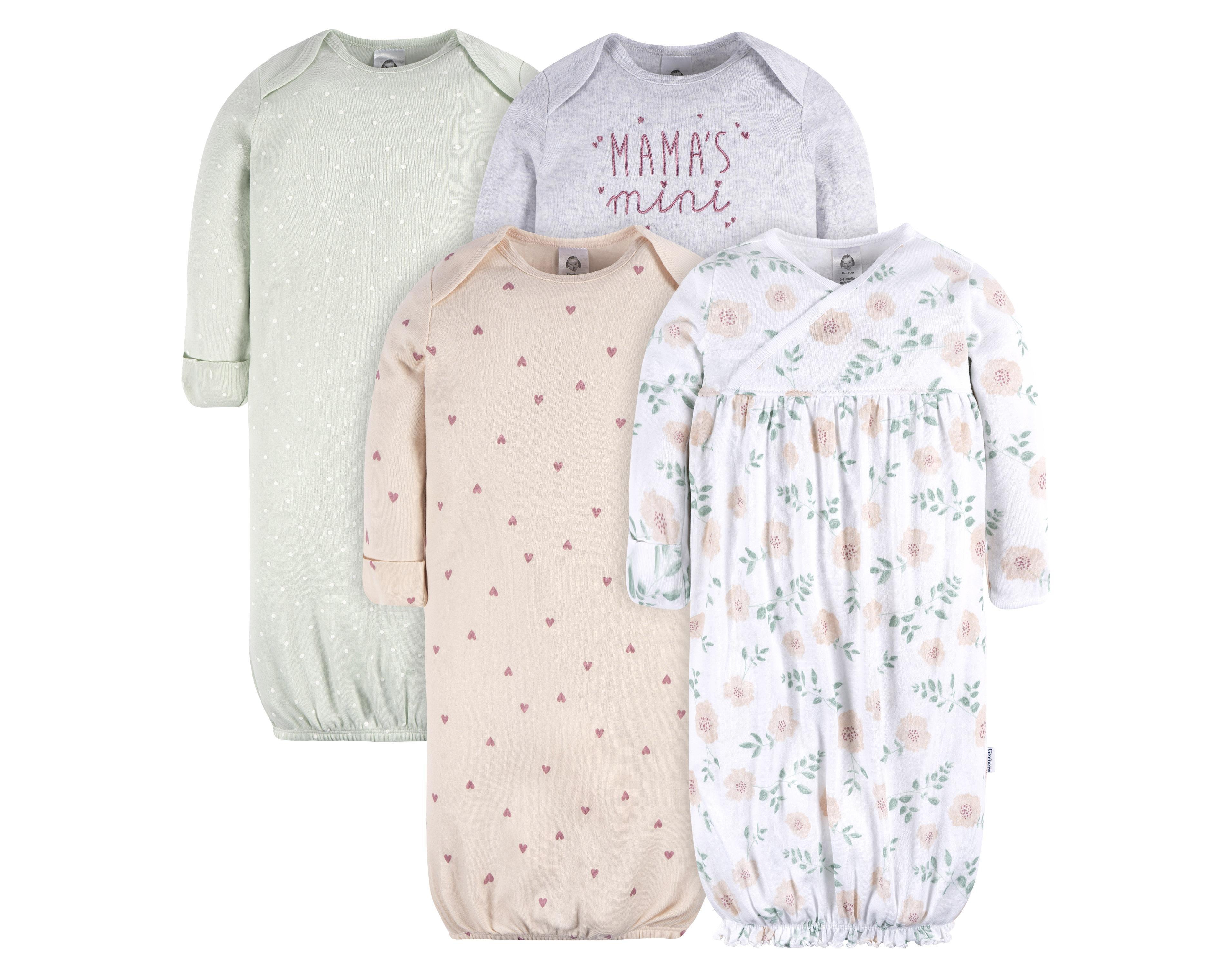 Gerber Baby Girls Gowns with Mitten Cuffs, 4-Pack