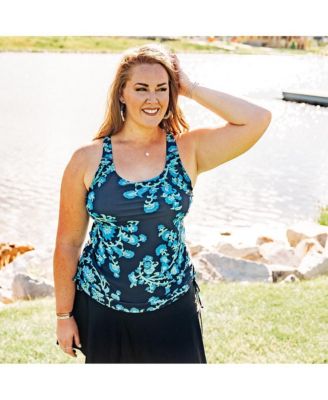 Plus Size Maya Tankini Swim Top With Built-in Bra and Navy High Waisted Long Bike Swim Shorts