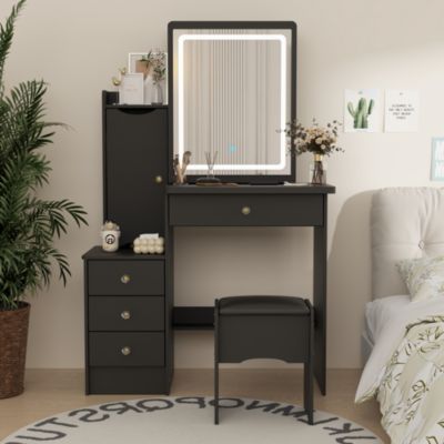 4-Drawer Vanity Set – Wood Makeup Table with LED Sliding Mirror, Stool, Cabinet & Shelves