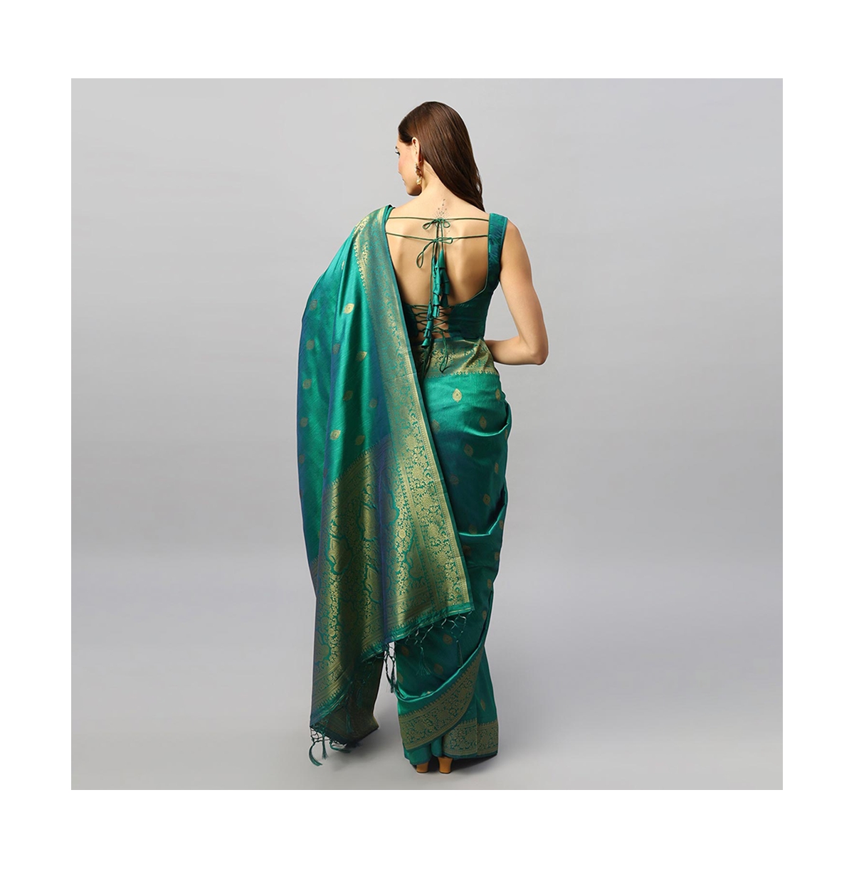 One Minute Saree Petite YaraMoss Weave Art Silk Ready to Wear Sari - Green