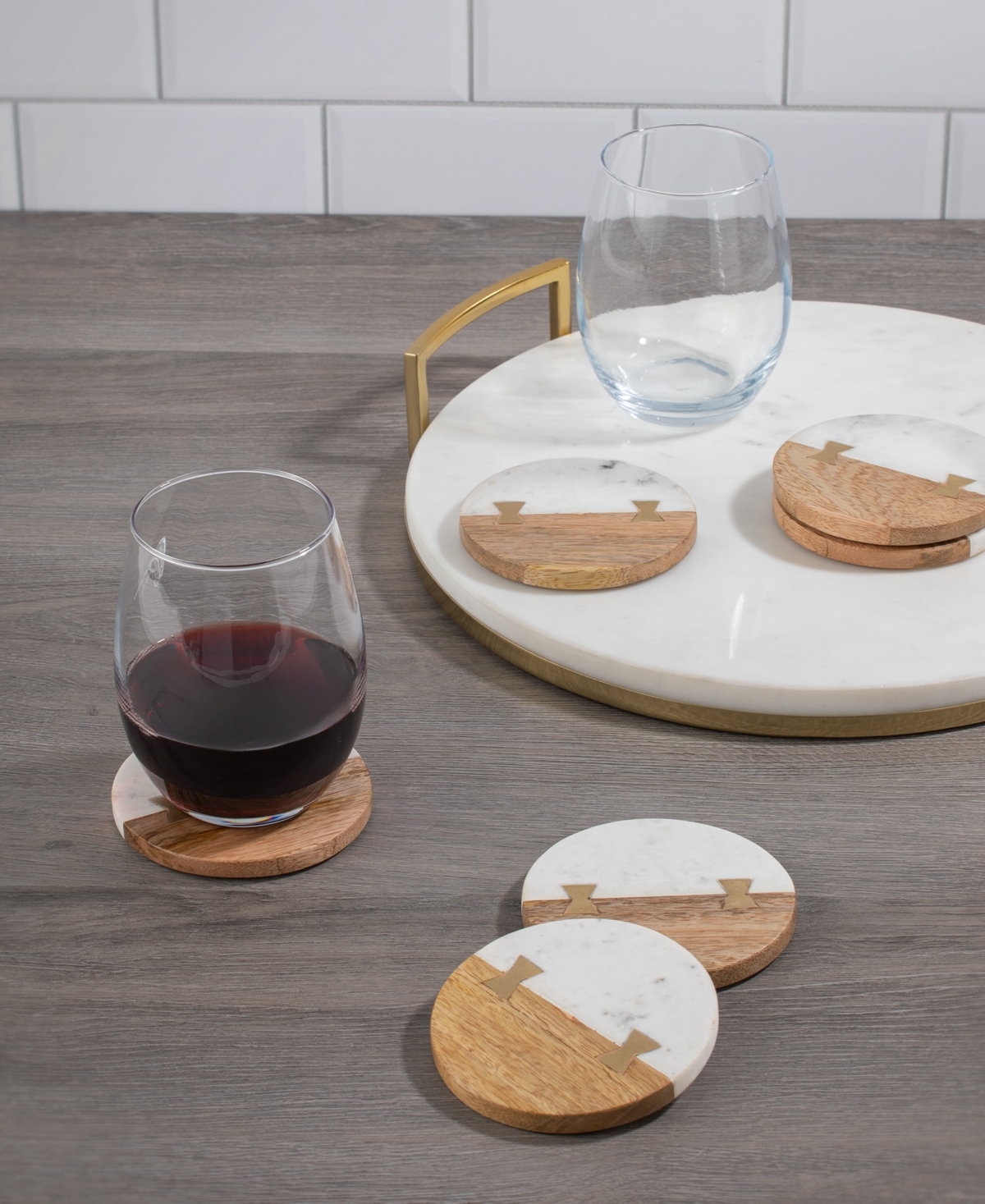 Thirstystone Uptown Round Marble And Wood Coasters With Inlay, Set Of 6 In Multicolor