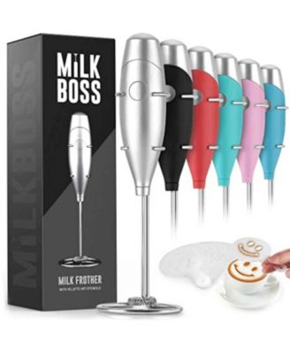 Milk Boss Portable Milk Coffee Frother Handheld Whisk Mixer with 16-Piece Stencils