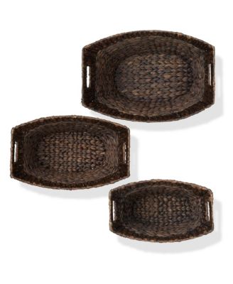 Set of 3 Oval Baskets with Handles - Espresso, Water Hyacinth Woven Storage Totes for Blankets, Laundry, Bathroom, Bedroom, Living Room