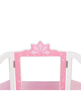 Children's Wooden Dressing Table with Three-Sided Folding Mirror, Chair, and Single Drawer in Blue Snowflake Style