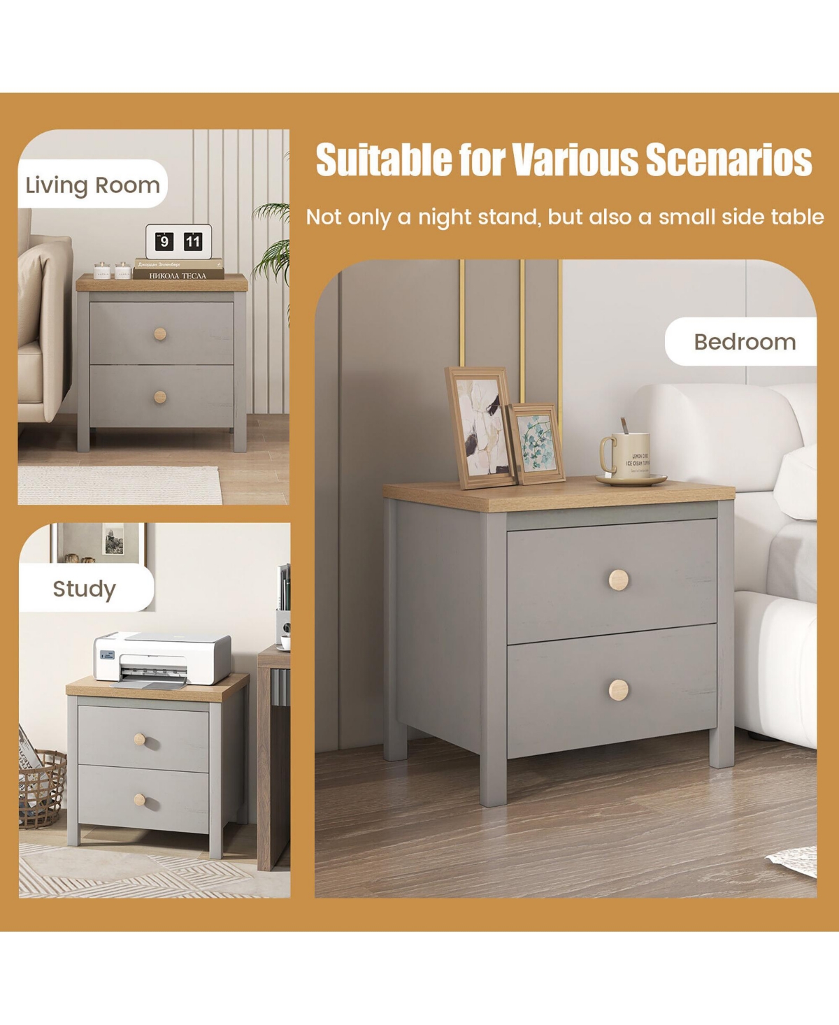 Gymax 2 Pcs Nightstand Farmhouse Side End Table w/ Solid Wood Legs & 2 Drawers