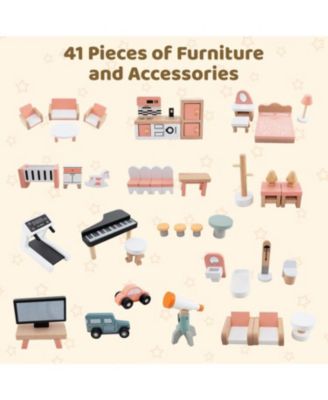 Wooden Corner Dollhouse Playset with 41 Pieces Accessories for Kids 3+ Years Old