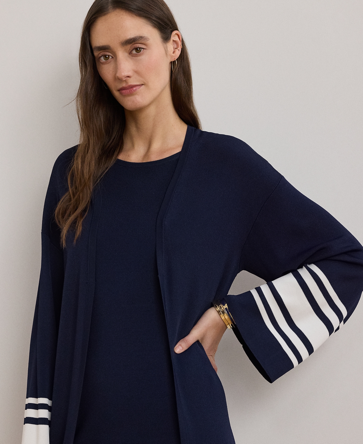 Lauren Ralph Lauren Petite Two-Tone Cardigan -White