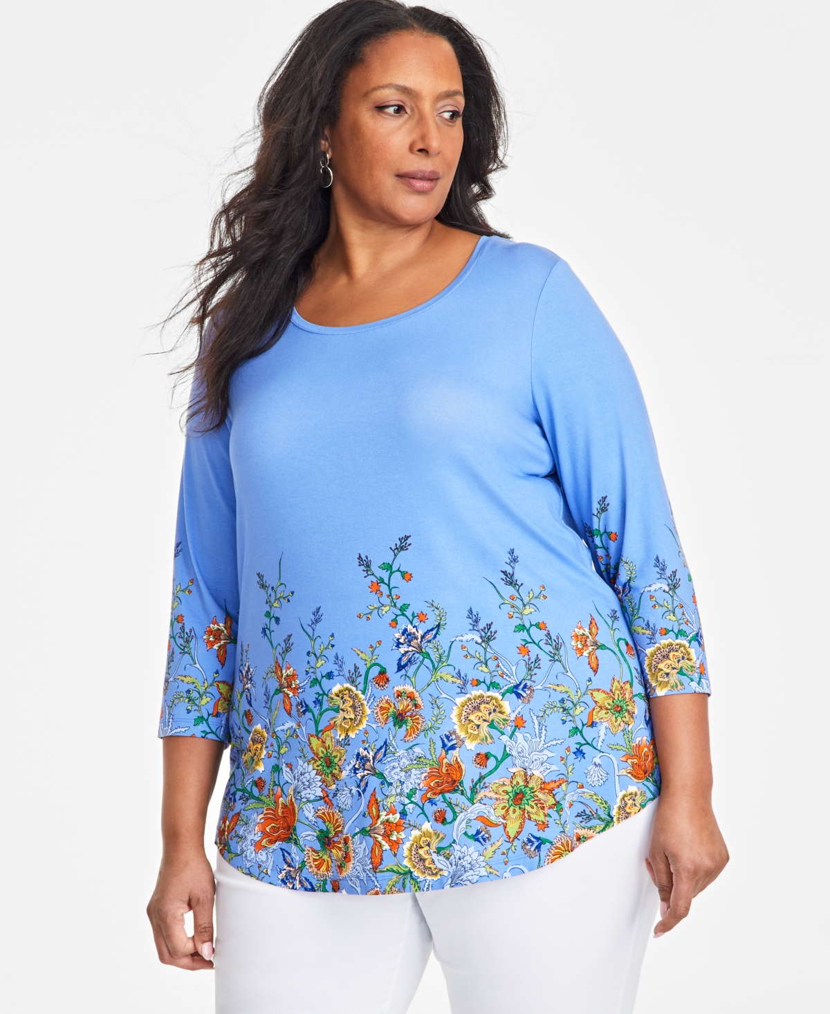 JM COLLECTION PLUS SIZE MIRELLA SCOOP-NECK 3/4-SLEEVE TOP, CREATED FOR MACY'S 