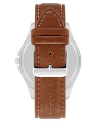 Men's Signature Blue and Brown Faux Leather Silver-Tone Alloy Metal Watch, 45mm