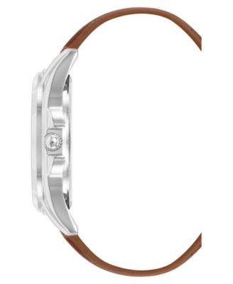 Men's Signature Blue and Brown Faux Leather Silver-Tone Alloy Metal Watch, 45mm