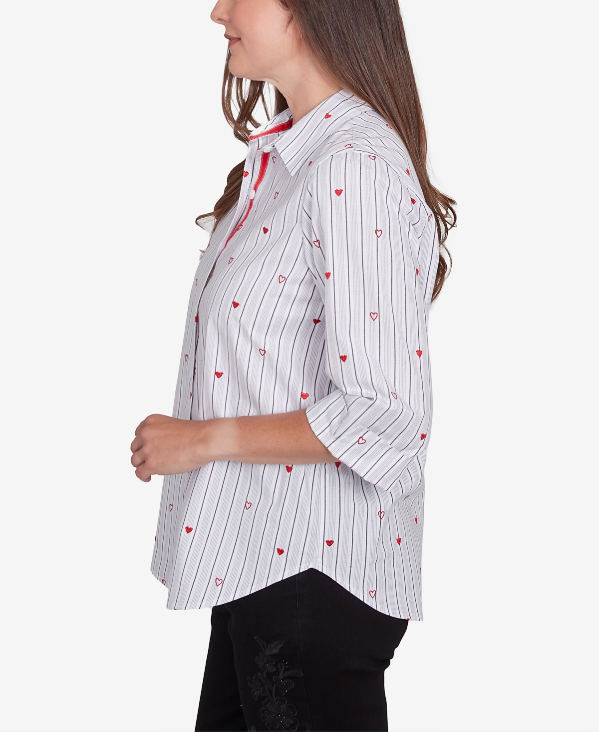 Alfred Dunner Women's Wild at Heart Woven Button Down Top with Stripes Hearts