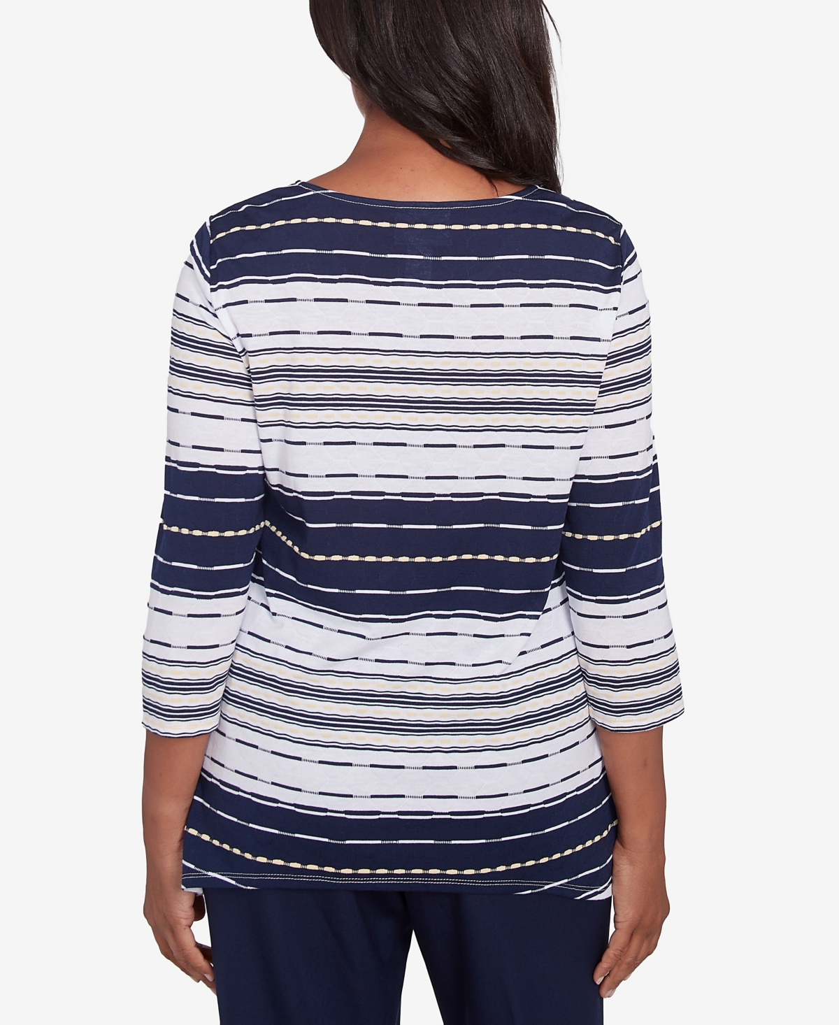 Alfred Dunner Plus Size Block Island Spliced Stripe Crew Neck Textured Top In Navy Multi