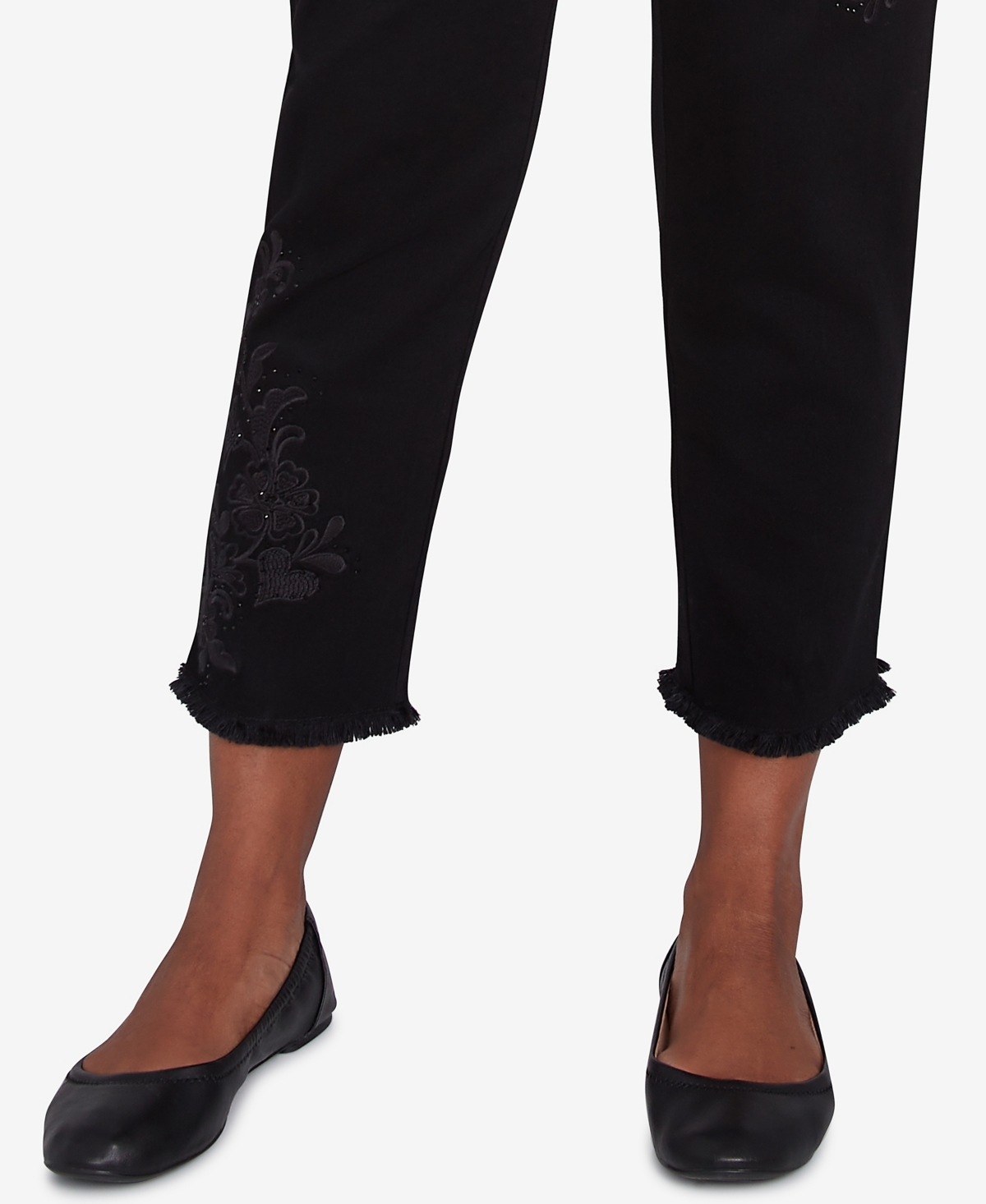 Alfred Dunner Women's Wild at Heart Embroidered Floral Denim Fringe Ankle Pants