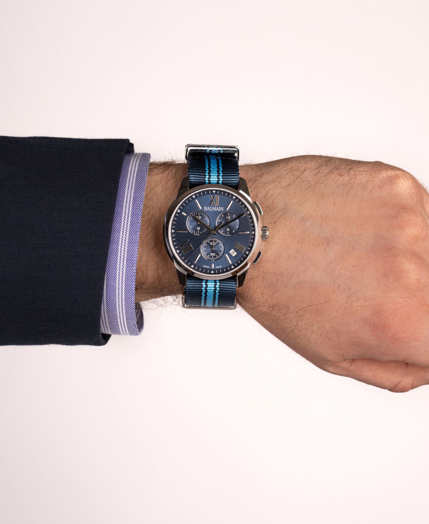 Мужские часы Balmain Swiss Chronograph Madrigal Dark Blue Striped Nato Strap Watch 42mm — фото 5