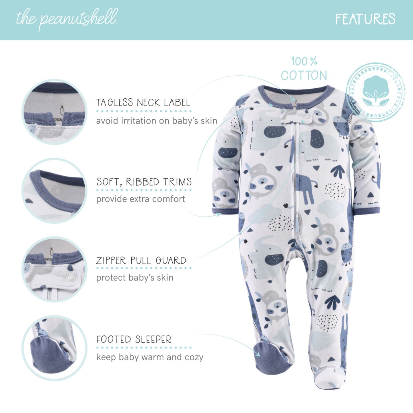 Детские комбинезоны для сна The Peanutshell Blue Safari, набор из 3 шт, цвет: Синий — фото 5