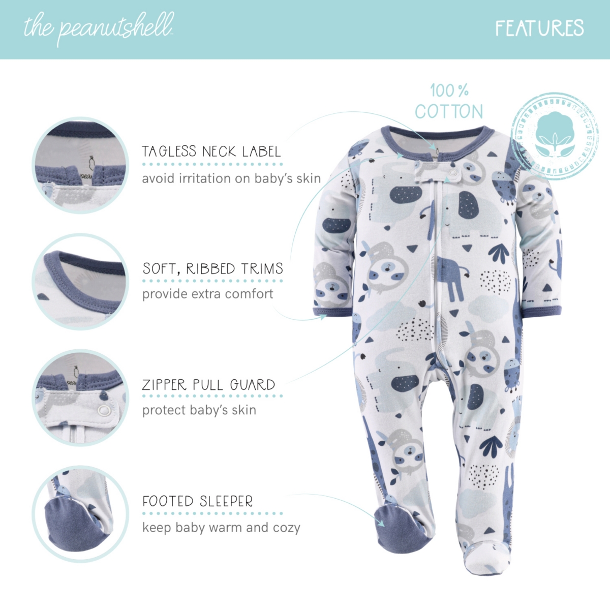 The Peanutshell Baby BoysSafari Footed Sleepers for Boys, 3 Pack - Blue