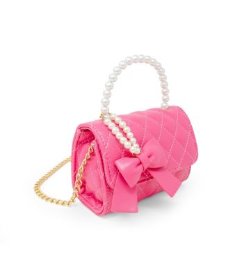 Girls Quilted Pearl Handle Bow Ribbon Handbag, Hot Pink