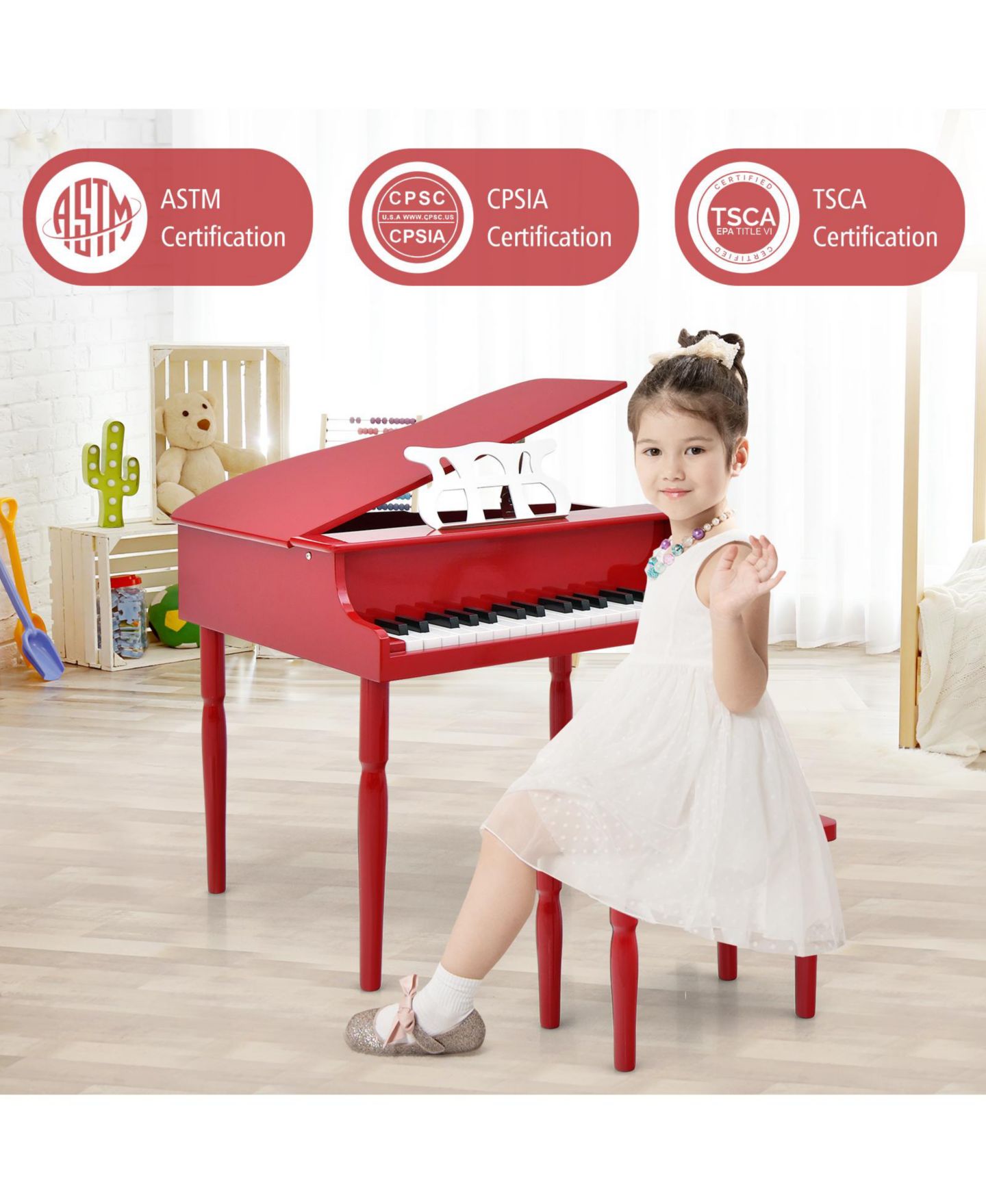 Детские игрушки HONGGE 30-Key Wood Toy Grand Piano, Music Practice, 3-Piece Grand Piano, Bench and Music Rack Set, Ages 3+ — фото 4
