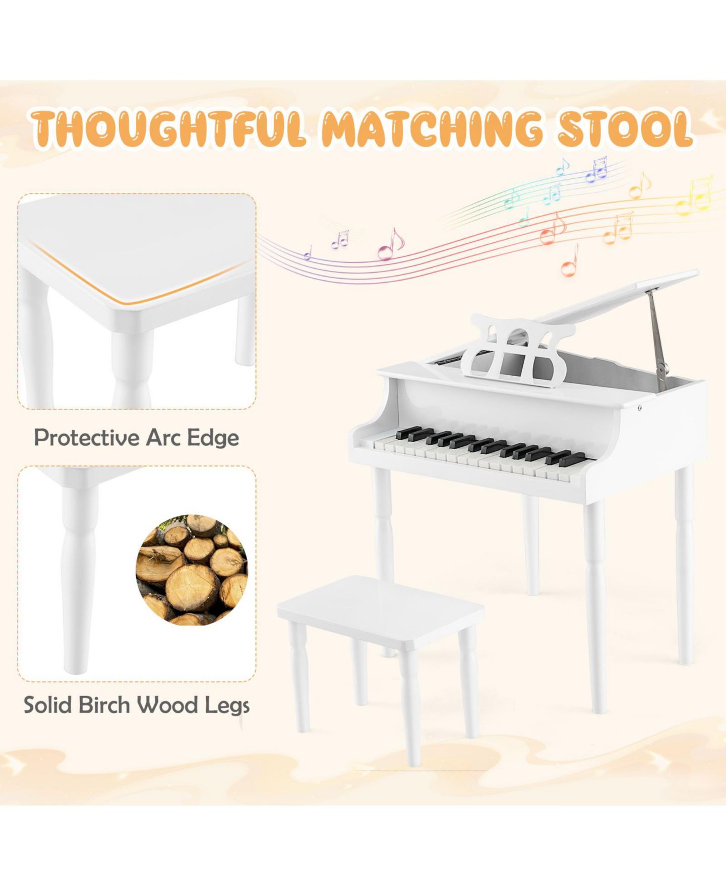 Детские игрушки HONGGE 30-Key Wood Toy Grand Piano Music Learning, 3-Piece Set, Ages 3-9 — фото 7