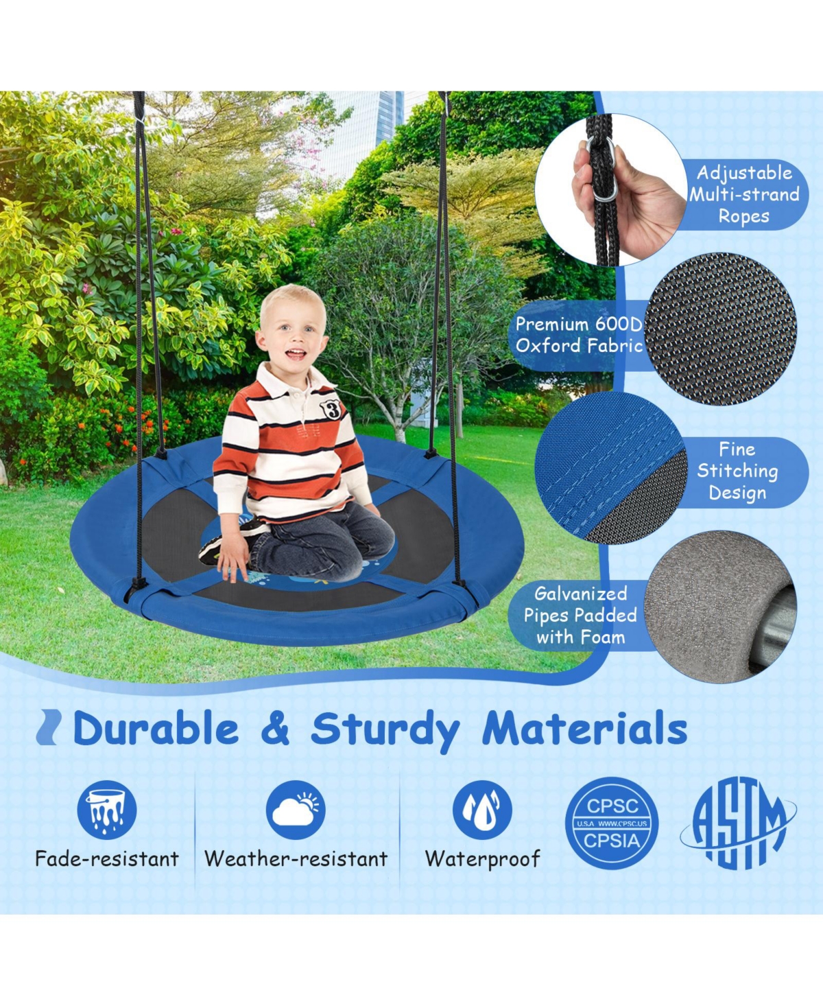 Hongge Inches Saucer Tree Swing with Adjustable Hanging Ropes and 900D Oxford Fabric-Whale