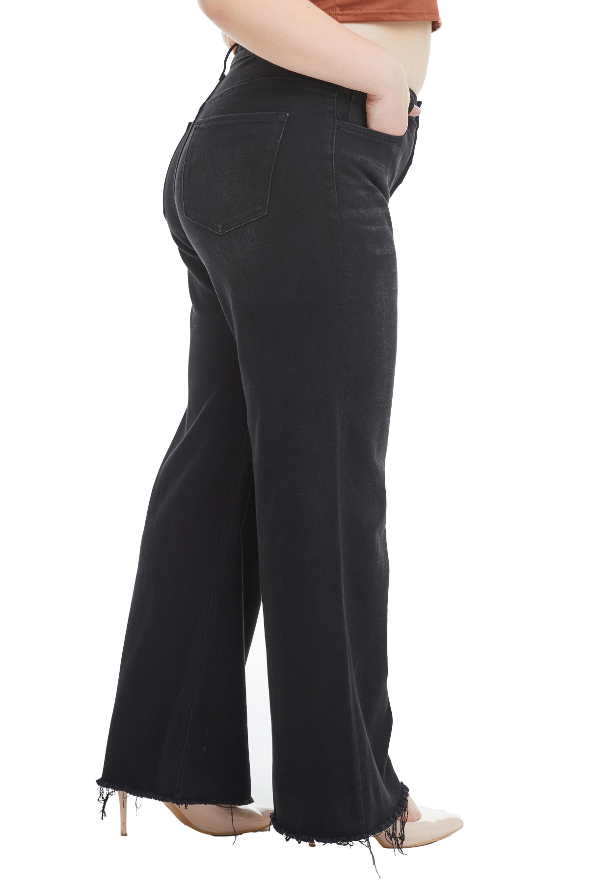 Bayeas Plus Size High Rise Wide Leg With Frayed Hem In Raven