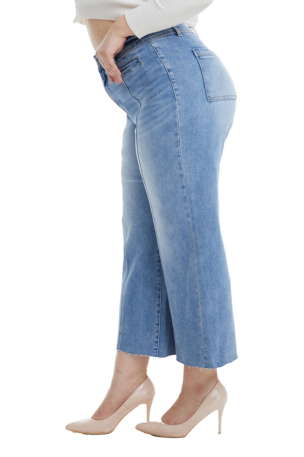 Bayeas Plus Size High Rise Wide Leg Jeans With Raw Hem In Ice Blue In Ice Blue