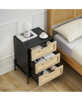 Rattan Nightstand, Black Nightstand with 3 Natural Rattan Drawers, Boho Mid Century Modern Bedside Table, Stylish End Table, and Functional Side Table Cabinet with Storage Drawers for Bedroom