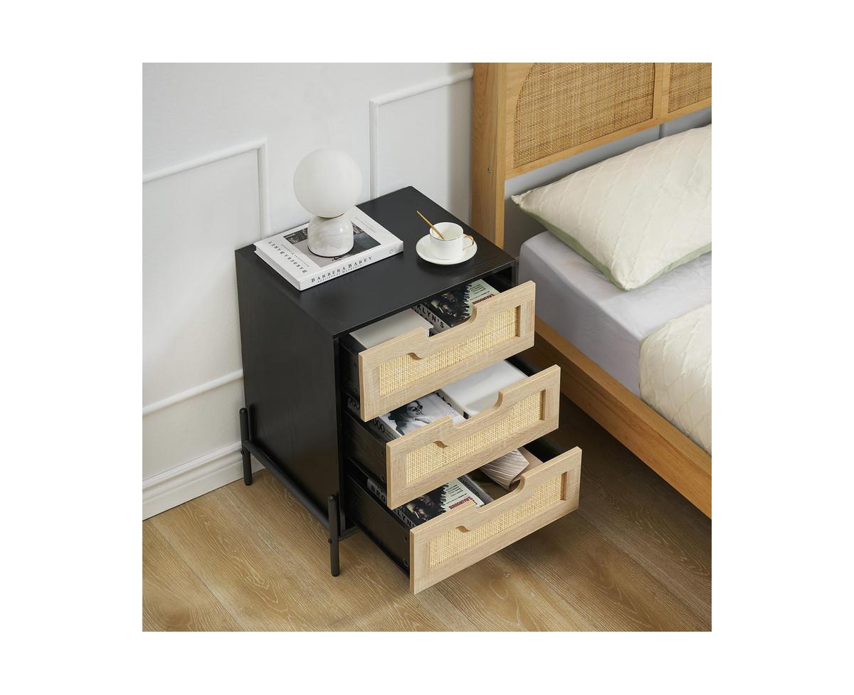gaomon Rattan Nightstand,Nightstand with 3 Natural Rattan Drawers, Boho Mid Century Modern Bedside Table, Stylish End Table, and Functional Sid