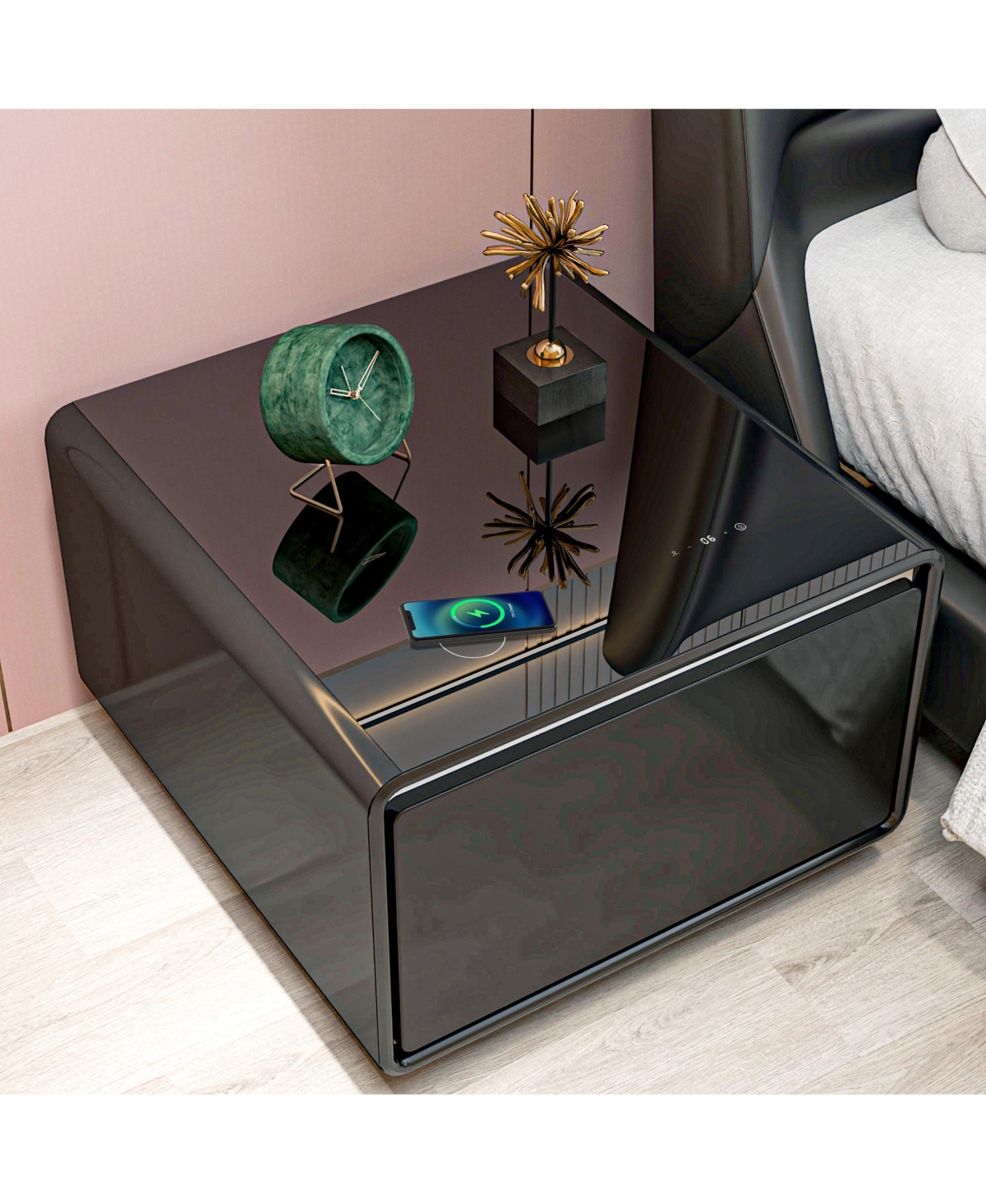 Streamdale Furniture Modern Smart Side Table with Built-in Fridge, Wireless Charging, Temperature Control, Power Socket, Usb Ports, Outlet Protection