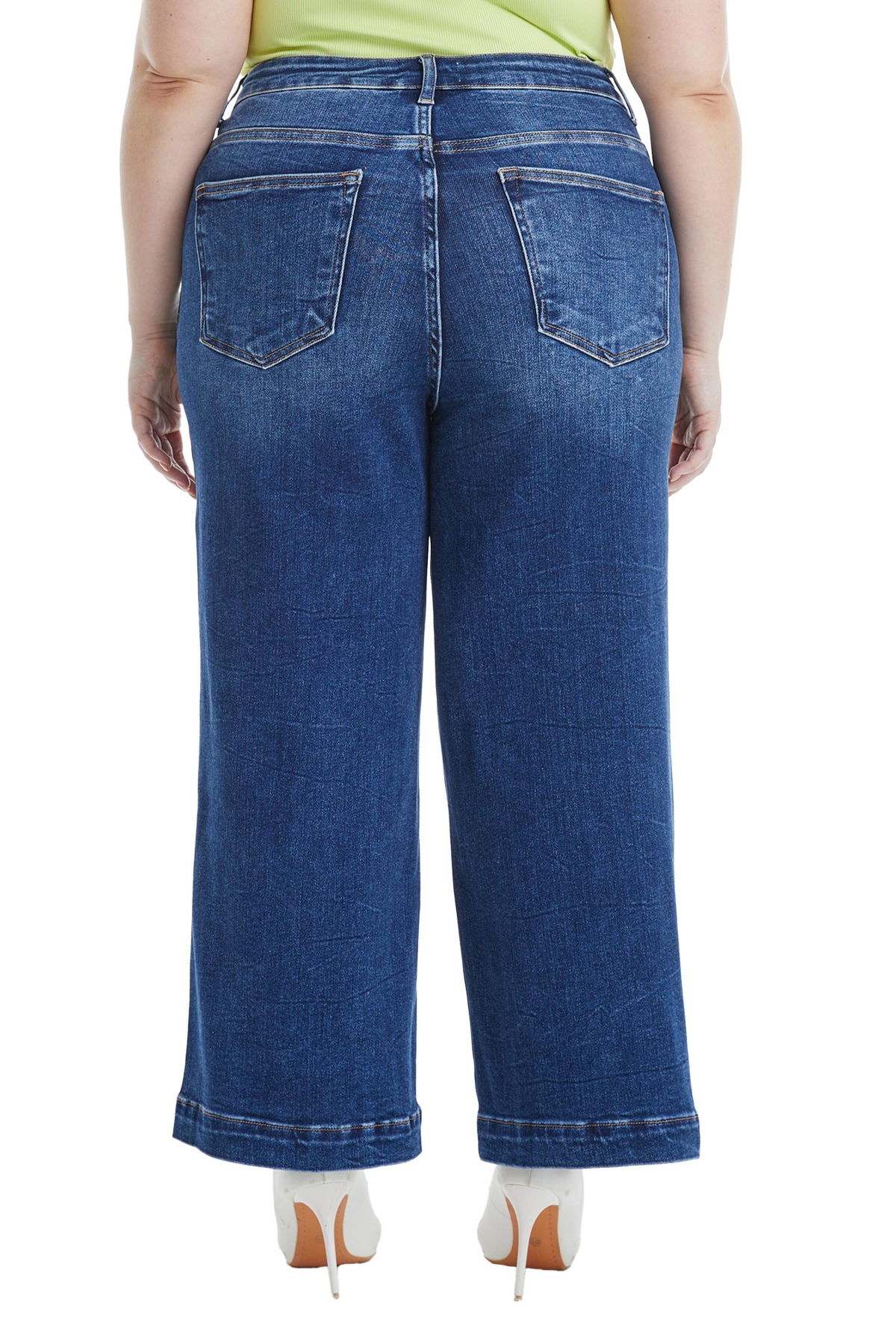Bayeas Plus Size Mid Rise Wide Leg Crop Flare Jeans In Dark Blue