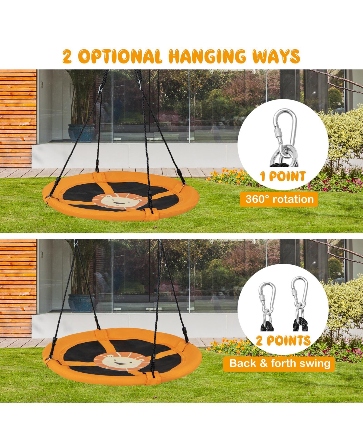 Hongge Inches Saucer Tree Swing Round with Adjustable Ropes and Carabiners- Yellow