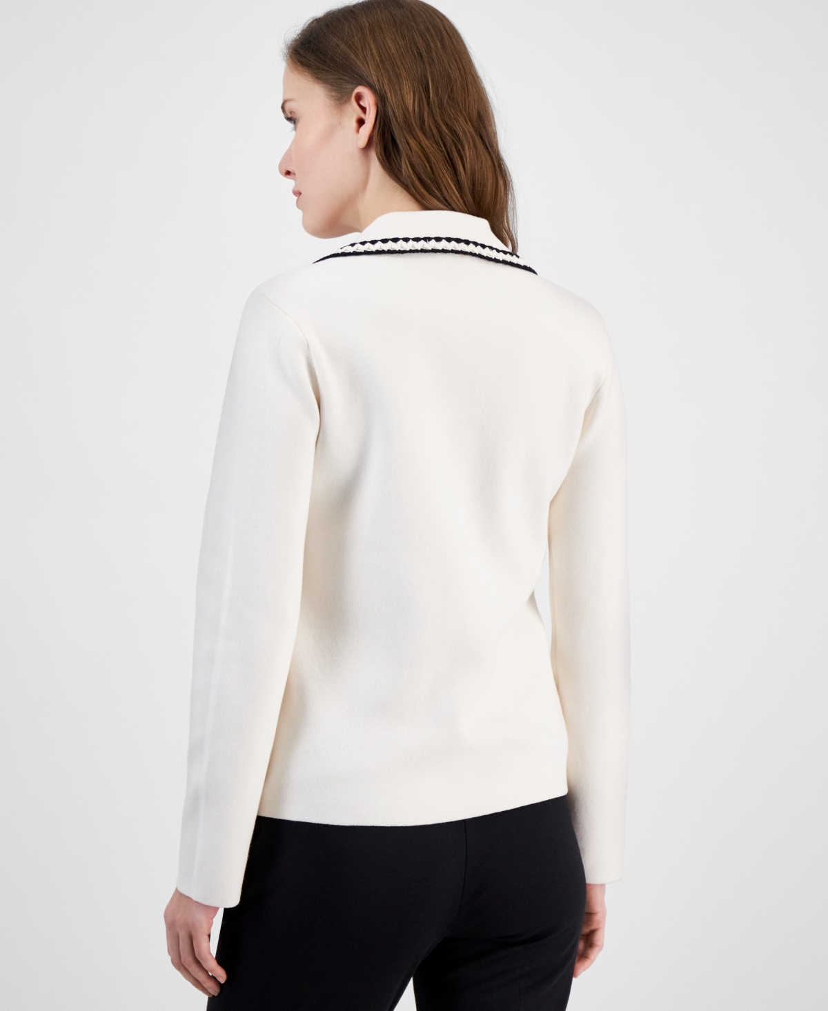 Shop Anne Klein Women's Braided-trim Notched-collar Cardigan Sweater In White Dove