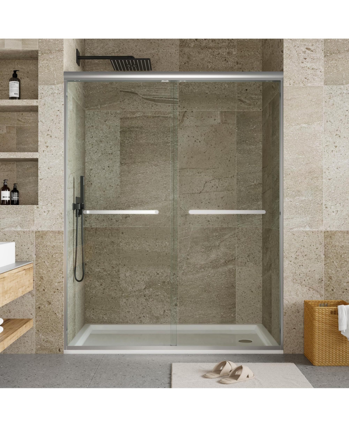 56-60" W x 72" H Double Sliding Shower Door, Thick Tempered Glass - Silver