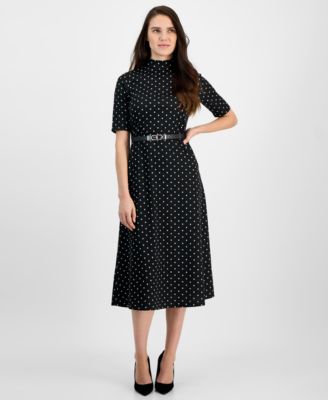 Anne Klein - Women's Mock Neck Elbow-Sleeve Belted Midi Dress