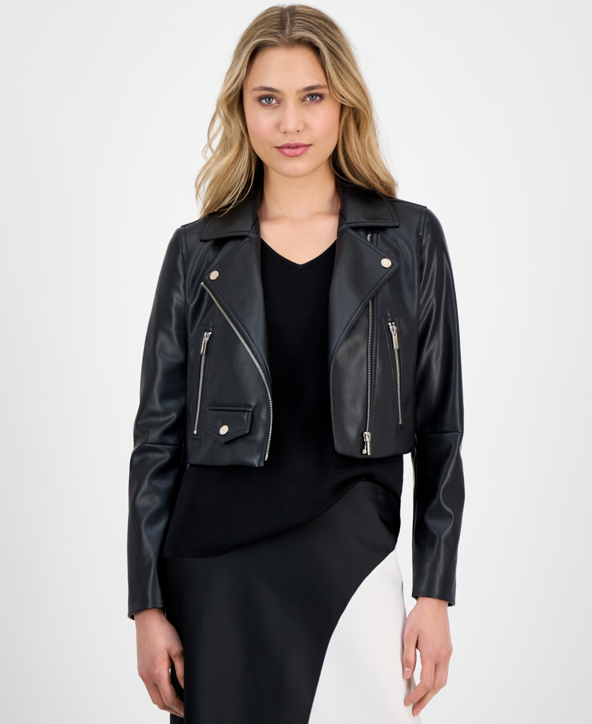 Shop Anne Klein Women's Faux Leather Cropped Moto Jacket In Anne Black