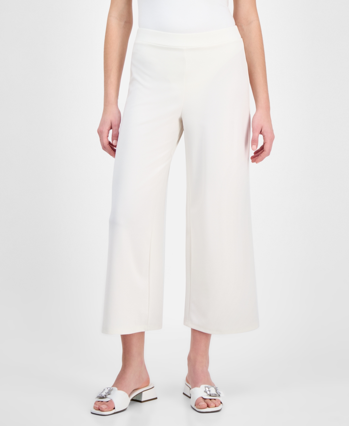 Shop Anne Klein Women's Textured Knit Crepe Pull-on Cropped Palazzo Pants In White Dove