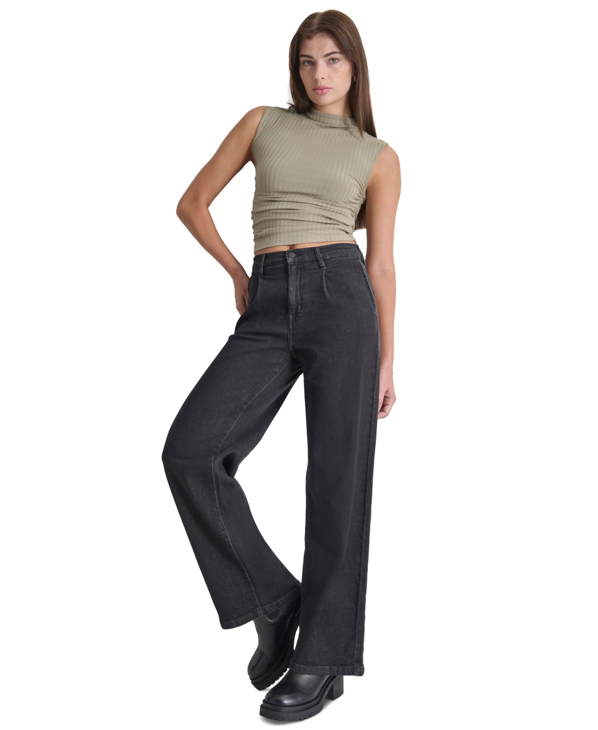 Dkny Jeans Women's High-Rise Front-Pleat Wide-Leg Trouser Jeans