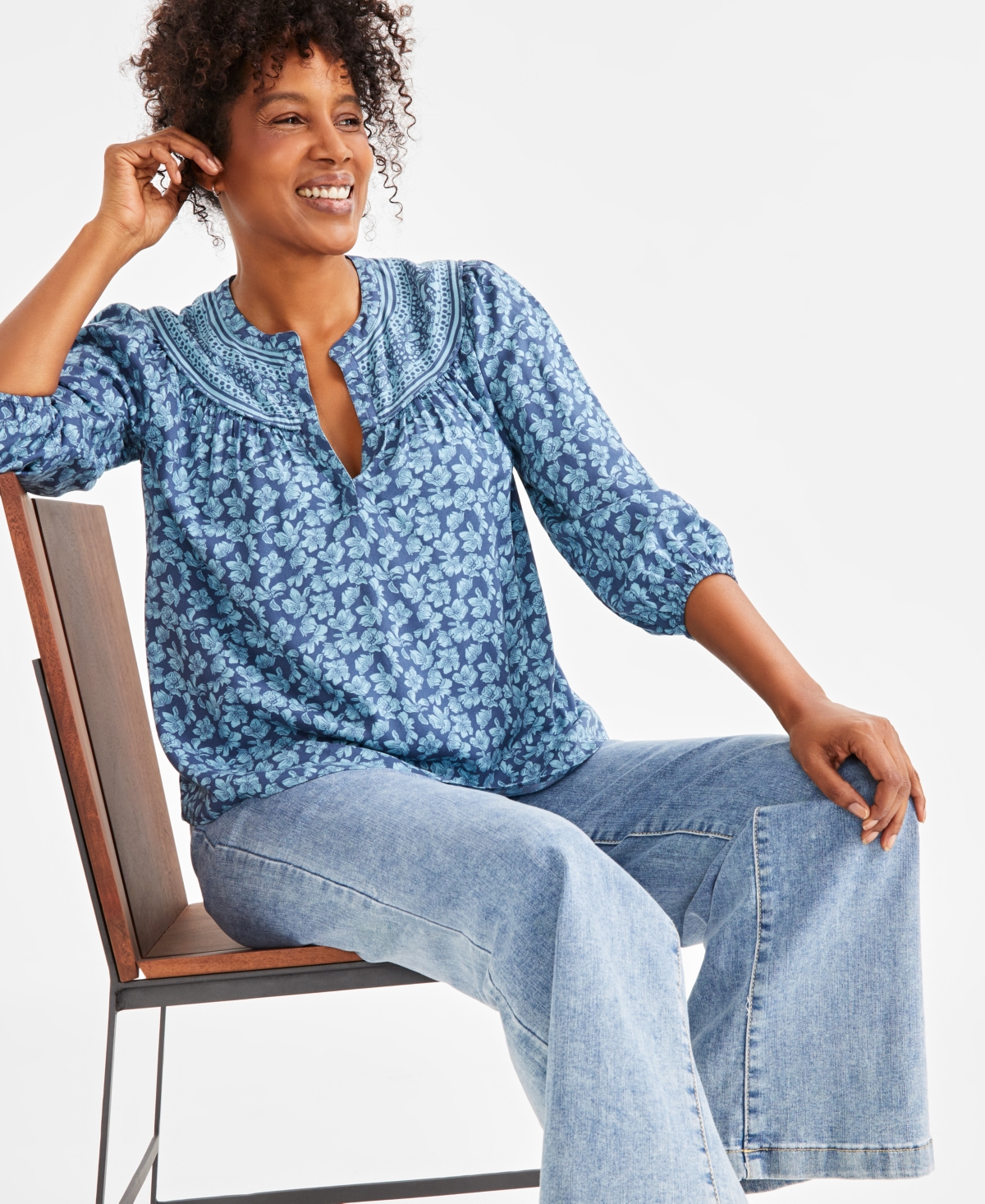 Style & Co Women's Printed Split-Neck Shirt, Exclusively at Macy's