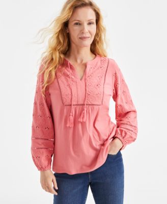 Style & Co - Women's Eyelet Embroidered Blouson-Sleeve Blouse, Exclusively at Macy's