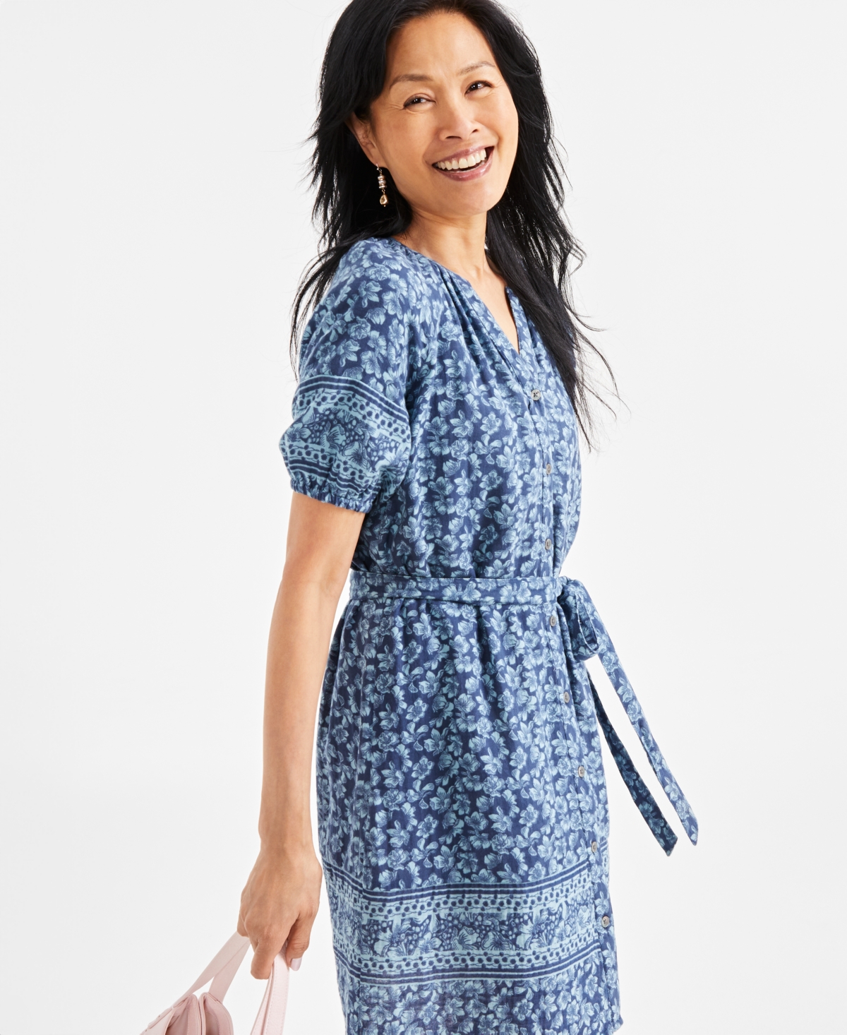 Style & Co Women's Printed Split-Neck Gauze Belted Shirtdress, Exclusively at Macy's